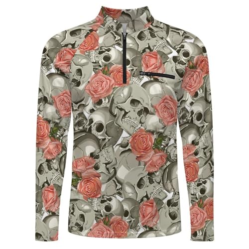Skull with Roses Pattern Men's Rash Guard Long Sleeves Quick Dry Fishing Workout Shirts with Zipper4