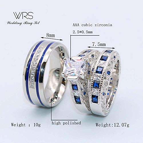 wedding ring set Two Rings His Hers Couples Matching Rings Women's 2pc White Gold Filled CZ Wedding Engagement Ring Bridal Sets Men's Stainless Steel Wedding Band2