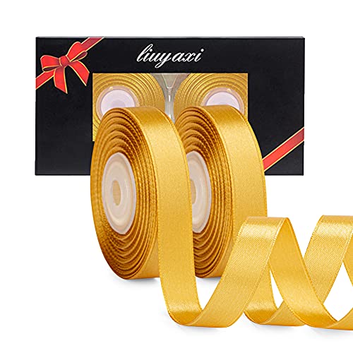 Image of Solid Color Double Faced Yellow Gold Satin Ribbon 1 /2 inch X 50 Yards, Ribbons Perfect for Crafts, Wedding Decor, Bow Making, Sewing, Gift Package Wrapping and More