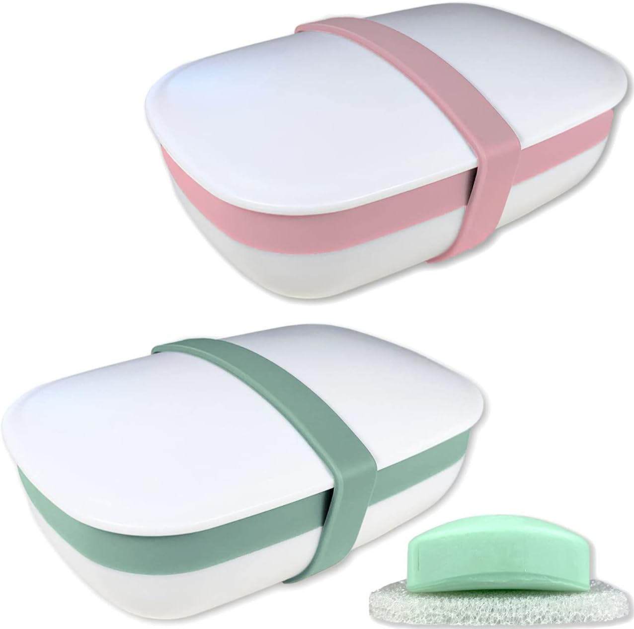 2Pack Travel Soap Holders, Soap Bar Box Dish Container Case, with Sponge Saver& Band, for Gym, Travel (Pink & Green)