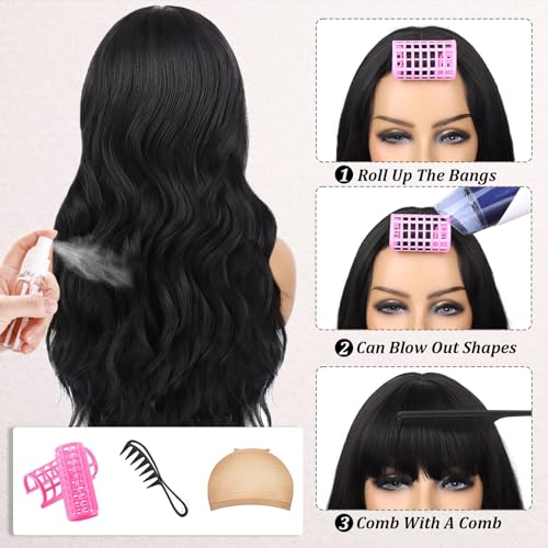Black Wig with Bangs Long Black Wavy Wig for Women Synthetic Curly Wigs Natural Hair Replacement Wigs for Daily Party Use (26 Inches) - Image 4