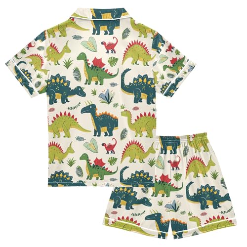 senya Dinosaur Green Satin Summer Pajama Sets Silk Short Sleeve Button Down Sleepwear2