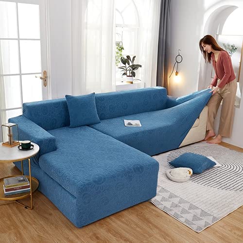 OKJK Jacquard Samt Stretch Sofabezug l Form All-Inclusive, Einfarbige universelle Chaiselongue Sofa überzug, Couchbezug eckcouch für Wohnzimmer (Haze Blue,5 Seater 305-360cm) Cover