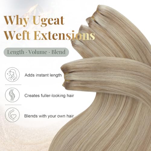 Image of Ugeat Weft Hair Extensions Human Hair, Hair Extensions Sew in 20 Inch 100g, Sew in Extensions Softness, Ash Blonde Highlights Medium Blonde