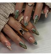 24Pcs French Tip Press on Nails Medium Almond Fake Nails with Gold Line Designs Reusable Star Acr...
