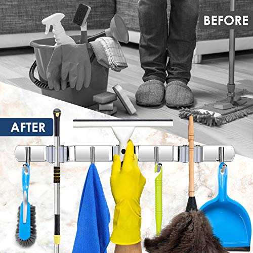 3 Racks e 4 Ganchos Mop e Vassoura Suporte de Parede, Organizador de Vassoura Racks de Ferramentas d