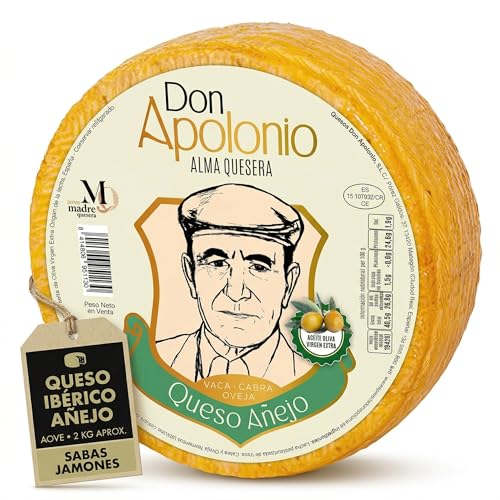 SABE A SABAS Queso abuelo Iberico Añejo Apolonio en Aceite de Oliva Virgen Extra 2 Kg Mezcla Vaca Cabra Oveja Curacion 270 Dias Sabor Fuerte Gourmet España Delicia Artesana Reserva Curado Aperitivo
