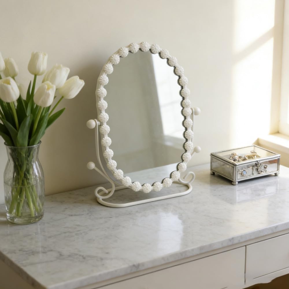Hosoncovy Desktop Mirror with Stand Metal Frame Oval Free Standing Vanity Makeup Tabletop Mirror for Bathroom Bedroom (White)