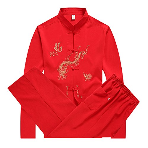 BOZEVON Traje de la Manga Larga Uniforme de Kung Fu de los Artes Marciales de los Hombres para Hombre (Rojo)