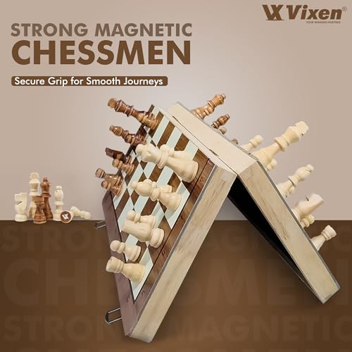 Image of Vixen Strong Magnetic Chess Set | Folding Wooden Chess Board with Secure Grip Chessmen | Travel-Friendly Portable Chess Game for Kids & Adults