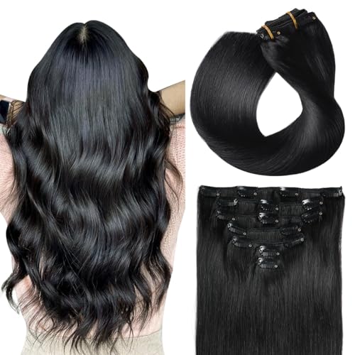 SUYYA Clip in Hair Extensions Real Human Hair 7 Pcs Straight Human Hair Clip in Extensions Remy Human Hair Extensions Clip ins for Women Double Weft 16 Inch #1 Jet Black 70G