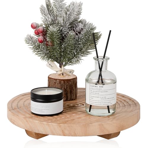 Round Decorative Tray Farmhouse Bathroom Decor Wood Riser Kitchen Countertop Organizer for Perfume, Candle, Plant, 9 inch Burlywood