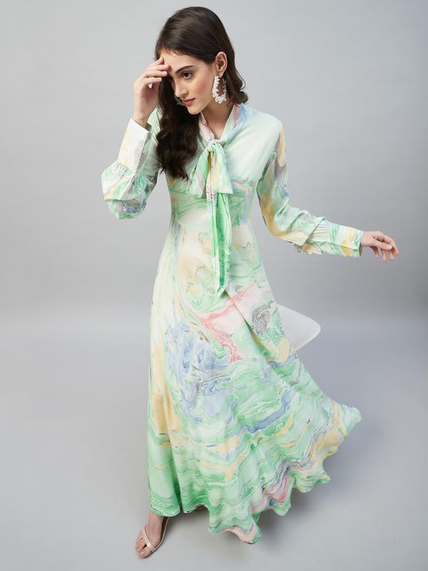 Image of Aaheli Women's Rayon Marbled Print Maxi Dress | Long Sleeve Tie-Neck A-Line Flared Dress | Casual, Party Western Outfit | Green