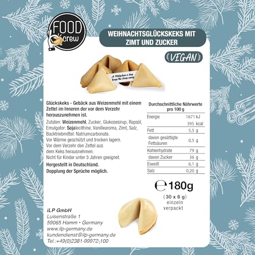 FOOD crew 30x Weihnachtsglückskekse mit Zimt Geschmack – Glückskekse Weihnachten - Süßigkeiten - Gebäck Einzeln Verpackt mit deutschen Sprüchen - Vegan - Made in Germany