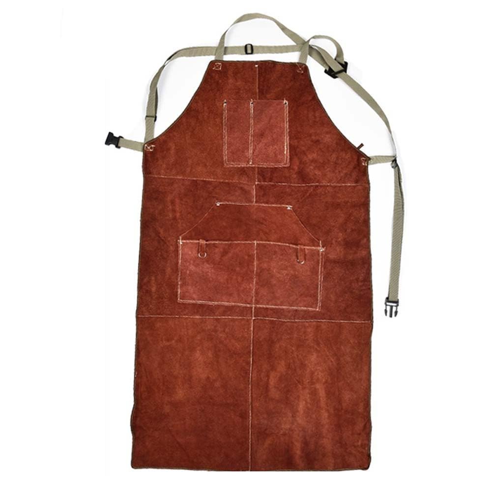 Lecreatekit Tablier de soudage en cuir robuste pour homme avec 6 poches, résistant à la chaleur et aux flammes, tablier de forgeron, motif croisé dans le dos, marron, 65 x 115 cm