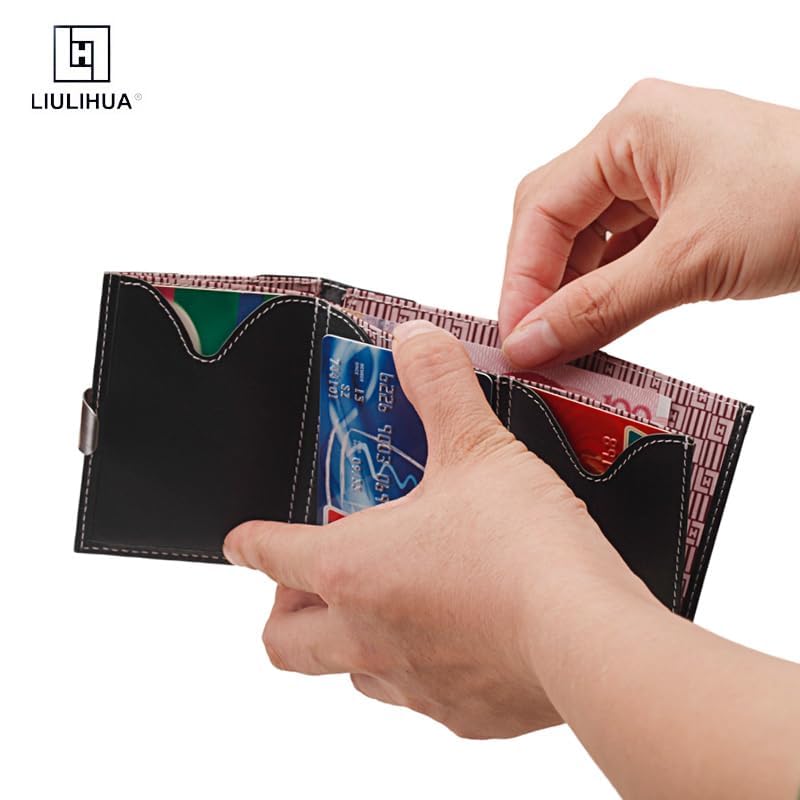 Image of LLH Leather Trifold Wallet - RFID Blocking with Stainless Steel Locking Clip Wallet, Minimalist Front Pocket RFID Blocking Credit Card Holder (green-D)