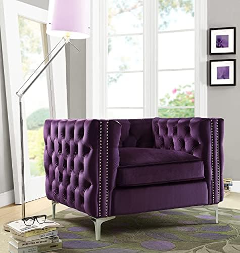 Iconic Home Da Vinci Modern Contemporary Button Tufted with Silver Nailhead Trim Silvertone Metal Y-Leg Club Chair, Purple Velvet
