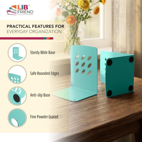 Image of LIBFRIEND Metal Non-Slip Bookends | Powder-Coated L-Shaped Book Holder for Desk, Office, Study Table and Library | Multicolour Options | Set of 2 (Mint, S)