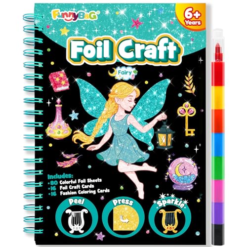 Image of FUNNYB&G Foil Art Craft Kit for Girls 4-10 Years Old: Mess-Free & No-Glue, Create 16 Sparkly Fairy Pictures - Perfect Travel Toy & Birthday Gift for Kids（Fairy）