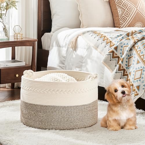 Image of KAKAMAY Large Blanket Basket (20 inchx13 inch),Woven Baskets for storage Baby Laundry Hamper, Cotton Rope Blanket Basket for Living Room, Laundry, Nursery, Pillows, Baby Toy chest (White /Beige)