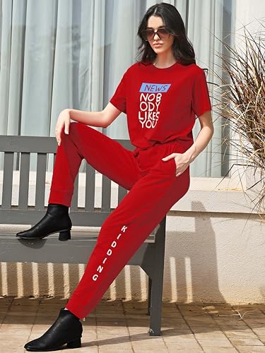 Image of ZEYO Night Suit for Womens Typography Printed Cotton Night Dress of Top and Joggers