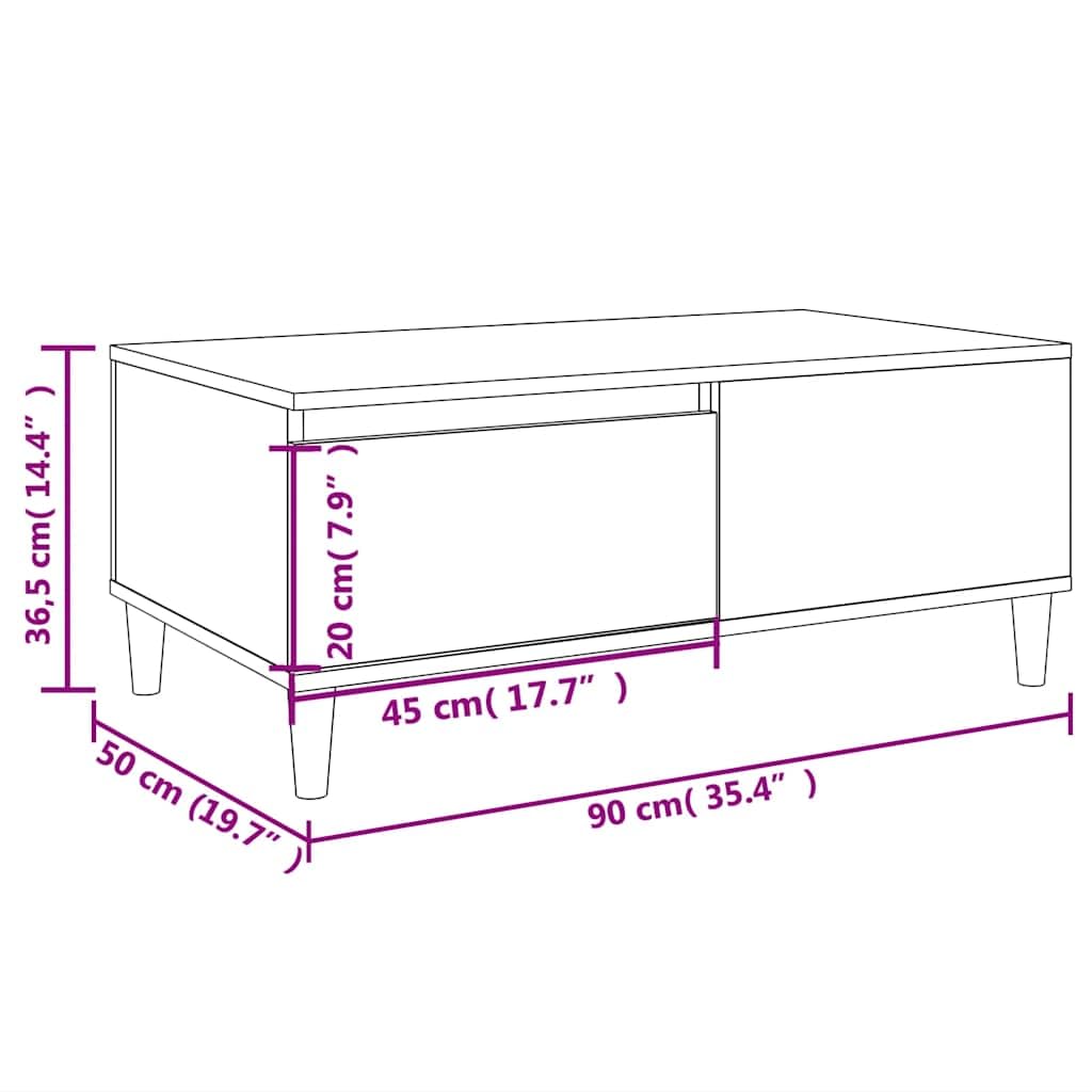 Mesa de centro de roble ahumado, 90 x 50 x 36,5 cm, material de madera con cajón y espacio de almacenamiento, mesa auxiliar para salón, mesa de sofá con diseño robusto y madera de eucalipto
