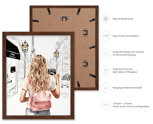 Image of Poster Master Fashion Poster - Lady With A Camera Print - Trendy Art - Paris Art - Modern Art - Gift for Women & Fashionista - Glamour Wall Decor for Bedroom or Girl's Room, 8x10 Brown Framed
