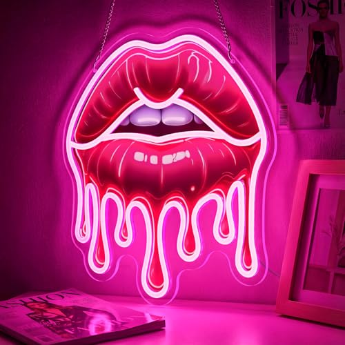 Image of Dripping Lips Neon Sign for Wall Decor, Pink LED Lip Light for Bedroom, Game Room, Bar, Aesthetic Sexy Lip Artwork, USB Powered Dimmable Neon Wall Light