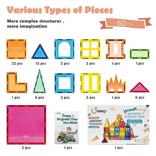 Cossy 60 Pcs Magnet Tiles Magnetic 3D Building Blocks Set Educational Construction Toys For 3+ Year Kids With Stronger Magnets, Rivets-Fastened, Educational, Recreational, Conventional #TOP5