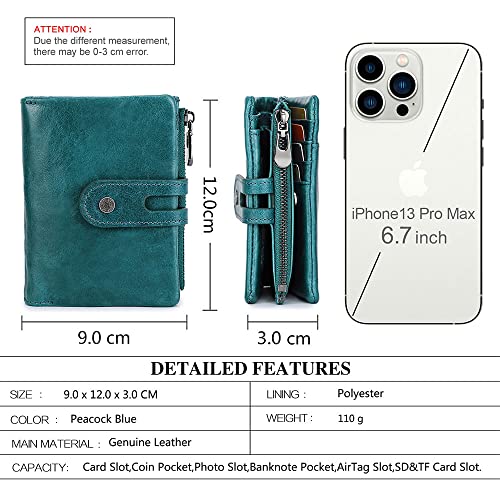 CONTACTS Womens Bifold Wallet Leather, AirTag Minimalist Leather Purse for Women Small Coin Card Zipper Pocket with RFID Blocking (Peacock Blue)3