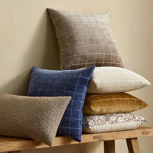 Image of MIULEE Navy Blue Plaid Decorative Throw Pillow Covers 22x22 Set of 2 | Vintage Check Chenille Couch Pillows Neutral Boho Farmhouse Cushion Covers Modern Home Decor for Sofa Bed Living Room