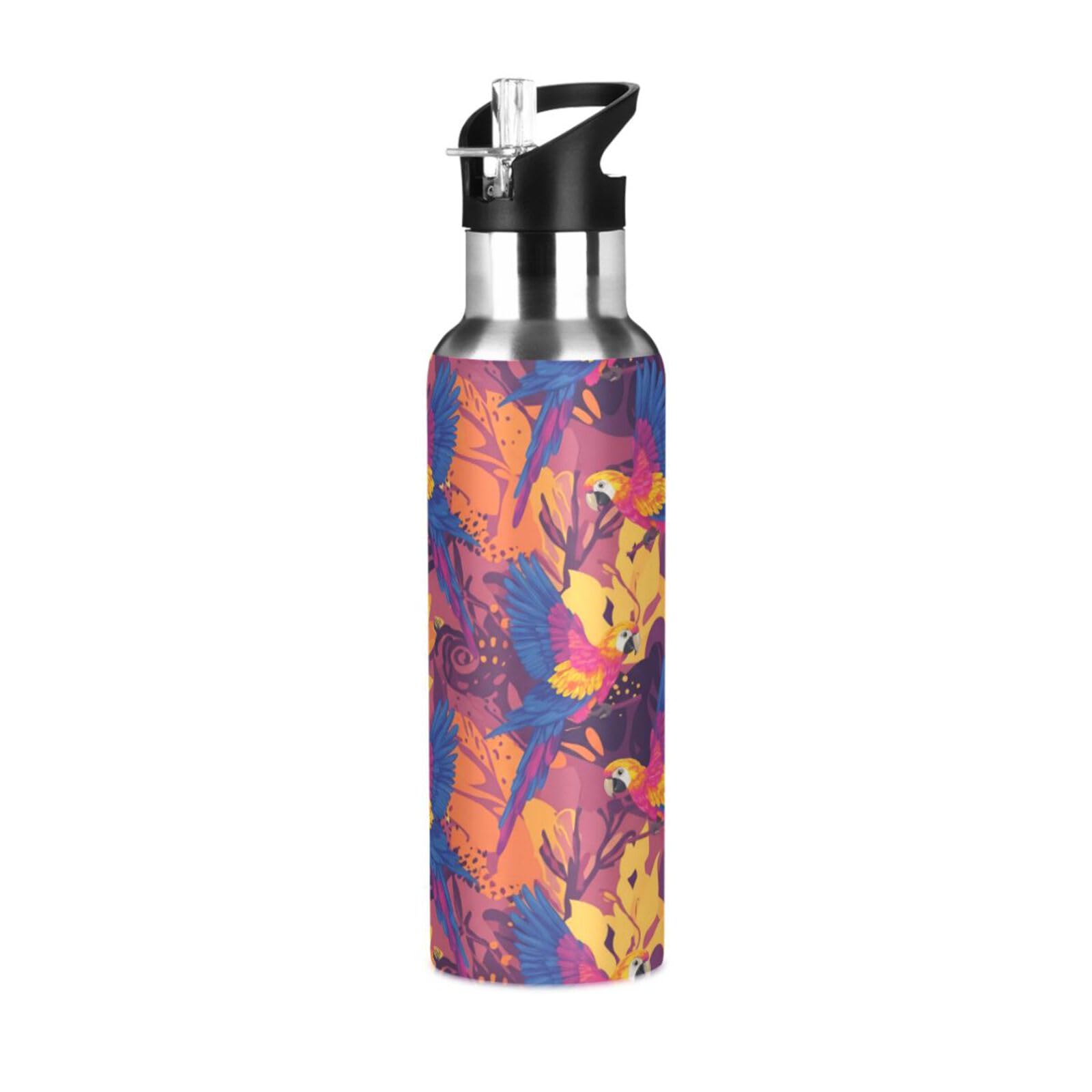 BOESI Parrot Pattern Insulated Water Bottle 600ml, Stainless Steel Vacuum Sports Bottle with Straw, Leak Proof Thermal Bottle for Gym Travel Outdoor