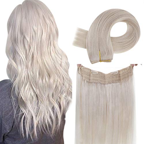 LaaVoo 20" Remy Halo Hair Extensions Human Hair White Blonde Secret Fish Line Halo Brazilian Hair Extensions Blonde Silky Straight Halo Crown Hair Extensions Blonde Invisible Double Weft 100g