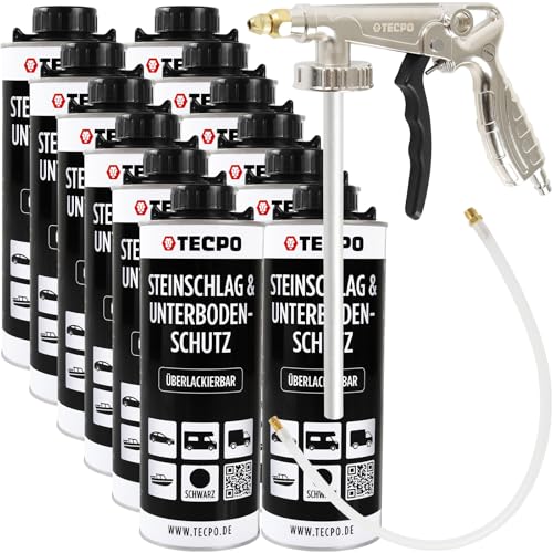 TECPO Unterbodenschutz Bitumen, 12 Liter in Saugdose überlackierbar dauerelastisch schwarz mit Druckluft Sprühpistole Steinschlagschutz Rostschutzmittel Korrosionsschutz UBS mit Anti-Dröhn-Wirkung