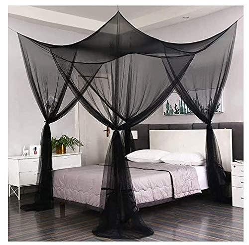 Large Transparent Mosquito Net for Bed Canopy King Size Four Corner Post Curtains Bed Canopy Elegant Mosquito Net Set, Stick Hook&Profession Rope for Net (82.7x74.8x94.5inch) (Black)