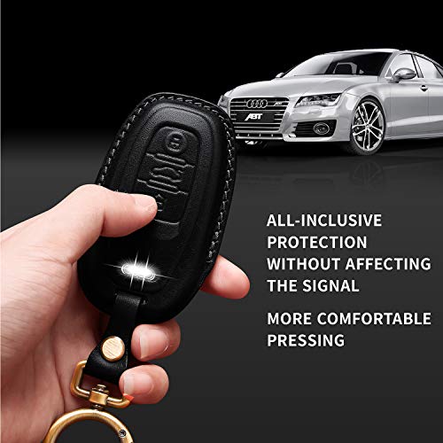 Image of Tukellen Compatible with Audi Key Fob Cover Genuine Leather with Keychain,Leather Key Case Key Shell Compatible with Audi R8 Q5 Q7 S3 S4 S5 S6 S7 S8 SQ5 RS5 RS7 A4 A5 A6 A7 A8 Keyless Entry-Black