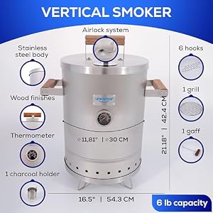 Universal 6-pound Stainless Steel (Small) Charcoal Barrel Smoker with Thermometer & Airlock system - 16.5"x 21.18" x ⌀11.81", 2 in 1 Vertical Smoker - Grill and Smoker, 6-serving Slow Cooking Smoker Universal 6 pound Stainless Steel Small Charcoal Barrel Smoker with Thermometer Airlock system 165x 2118 x 1181 2 in 1 Vertical Smoker Grill and Smoker 6 serving Slow Cooking Smoker