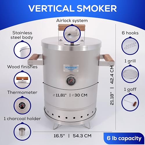 Universal-6-pound-Stainless-Steel-Small-Charcoal-Barrel-Smoker-with-Thermometer-Airlock-system-165x-2118-x-1181-2-in-1-Vertical-Smoker-Grill-and-Smoker-6-serving-Slow-Cooking-Smoker Universal 6 pound Stainless Steel Small Charcoal Barrel Smoker with Thermometer Airlock system 165x 2118 x 1181 2 in 1 Vertical Smoker Grill and Smoker 6 serving Slow Cooking Smoker