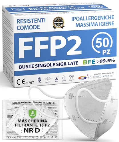 ADESTE - 50 Mascherine FFP2 NR D Bianche Certificate CE, Filiera controllata,...