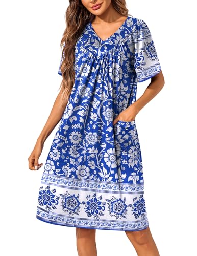 Image of Ekouaer Womens House Dress Floral Print Nightgown with Pockets Mumu Dress | V Neck Nightgowns for Women Pleated Short Sleeves Mumu Dresses Knee Length Moo Moo for Sleep, Daily Wear, Vacation, Party