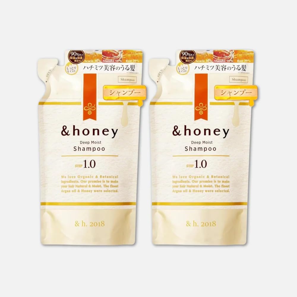 &-honey Deep Moist Shampoo Only Refill, 350ml Each, (Set of 2) Eco-Friendly Refill Pouch For All Hair Types, Straight, Curly, Frizzy, Wavy,Deep Hydration & Damage Repair with a Free Hair Scrunchie