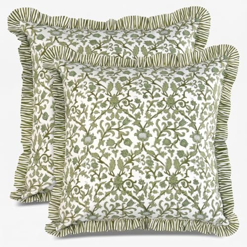 CPC Meadow Vine Block Print Ruffle Pillow Cover 24x24 Inch, Pack of 2 by CPC COTTON PRINT CLUB - Used condition - US$47.02