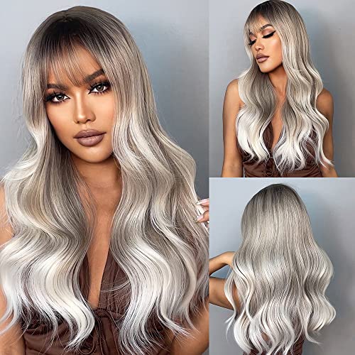 HAIRCUBE Ombre gray Wigs with Bangs Synthetic Women's Wig Long Wavy Layered Heat-Resistant Wig for Daily Use Natural and comfortable