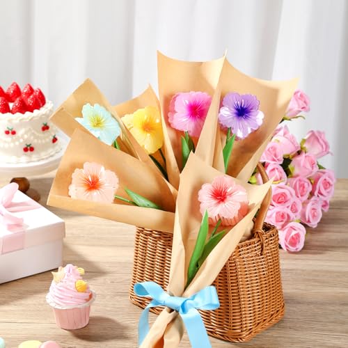 Thiccywoov Graduation Gift for Women Hibiscus Flower Hair Clip DIY Bouquet Making Craft Kit, 6 Pcs Hawaiian Flower Claw Clip with Tulip Stems Kraft Wrap Paper & Ribbons, DIY Hair Accessories Kit