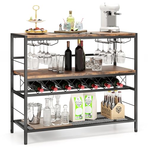 Giantex 4-Tier Wine Rack Table - 7-Bottle Wine Bar Cabinet w/ 4 Wine Racks & 16 Glasses Holder, Metal Liquor Wine Storage Shelf, Industrial Wine Rack Freestanding Floor for Kitchen, Rustic Brown