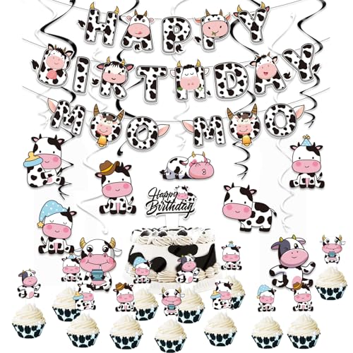 Juego de decoraciones de fiesta de cumpleaños con temática de vaca con espiral colgante, pancarta, globos, decoración de tartas, adornos para cupcakes