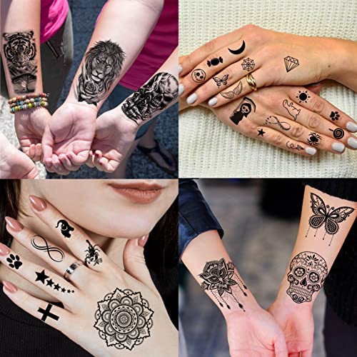Image of VANTATY 65 Sheets Black Realistic Flower Temporary Tattoos For Women Arm Thigh, 3D Fake Tattoos That Look Real And Last Long, Temp Rose Sketch Moon Snake Peony Floral Tattoo Stickers For Adults Girls