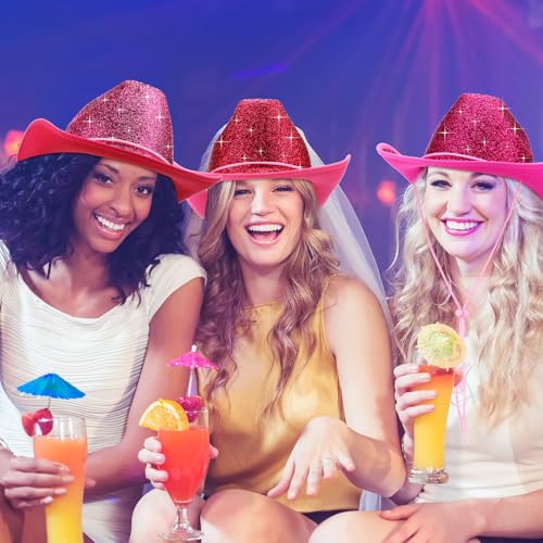 Image of Coume 12 Pcs Sparkly Adults Cowboy Hat and Bandanas Women Men Western Glitter Cowgirl Party Hats with Adjustable Drawstring