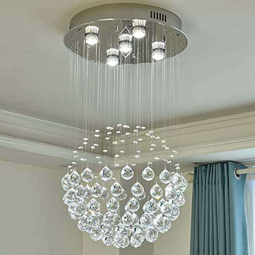 Image of Modern K9 Raindrop Crystal Chandelier Flush Mount LED Ceiling Light Fixture Pendant Lamp for Dining Room Bathroom Bedroom Living Room 5 GU10 LED Bulbs Required H32 X D18 Single Ball