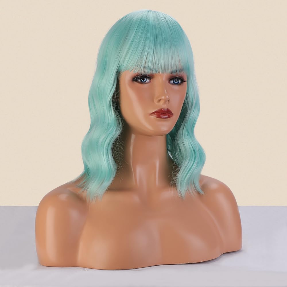 Greenmirr Short Mint Green Bob Wavy Wigs with Fringe Heat Resistant Synthetic Hair 14 Inches, 21 cm - Image 2